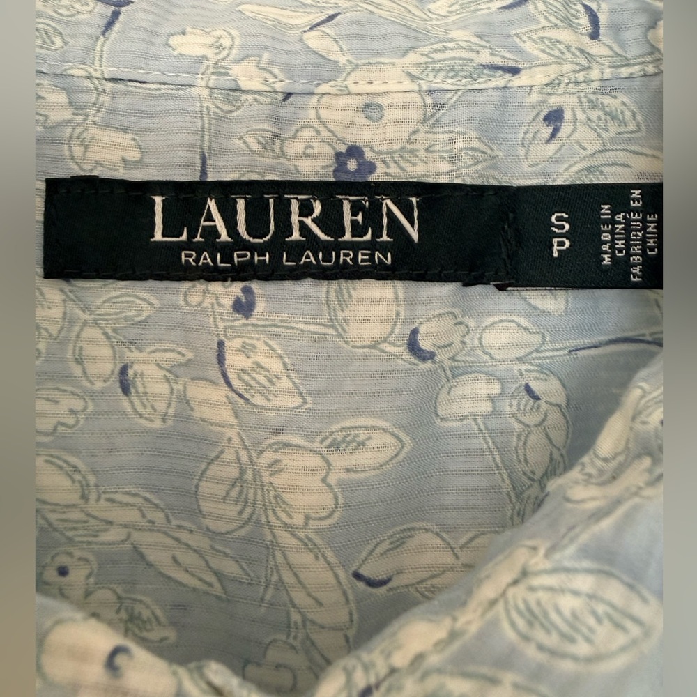 Lauren Ralph Lauren blue floral boho prairie pleated small cotton blouse top